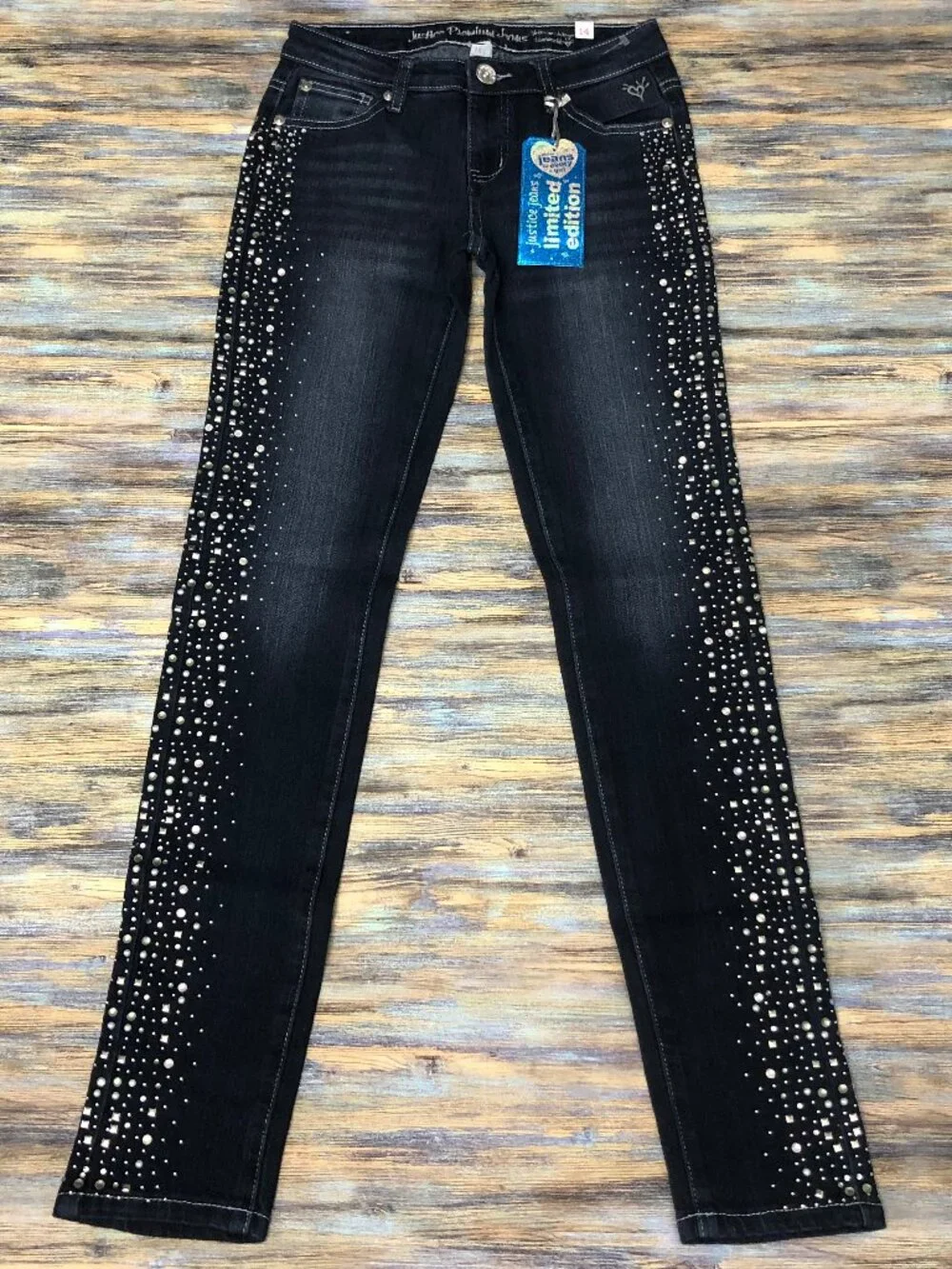 Justice Premium Jeans Girls Size 14S Slim Faux Rhinestones Embellished